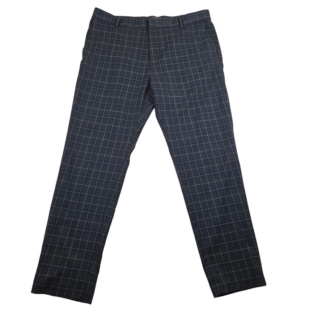 H&M Mens 36 Slim Fit Windowpane Plaid Grid Dress Pants Charcoal Gray Navy 38x29‎
